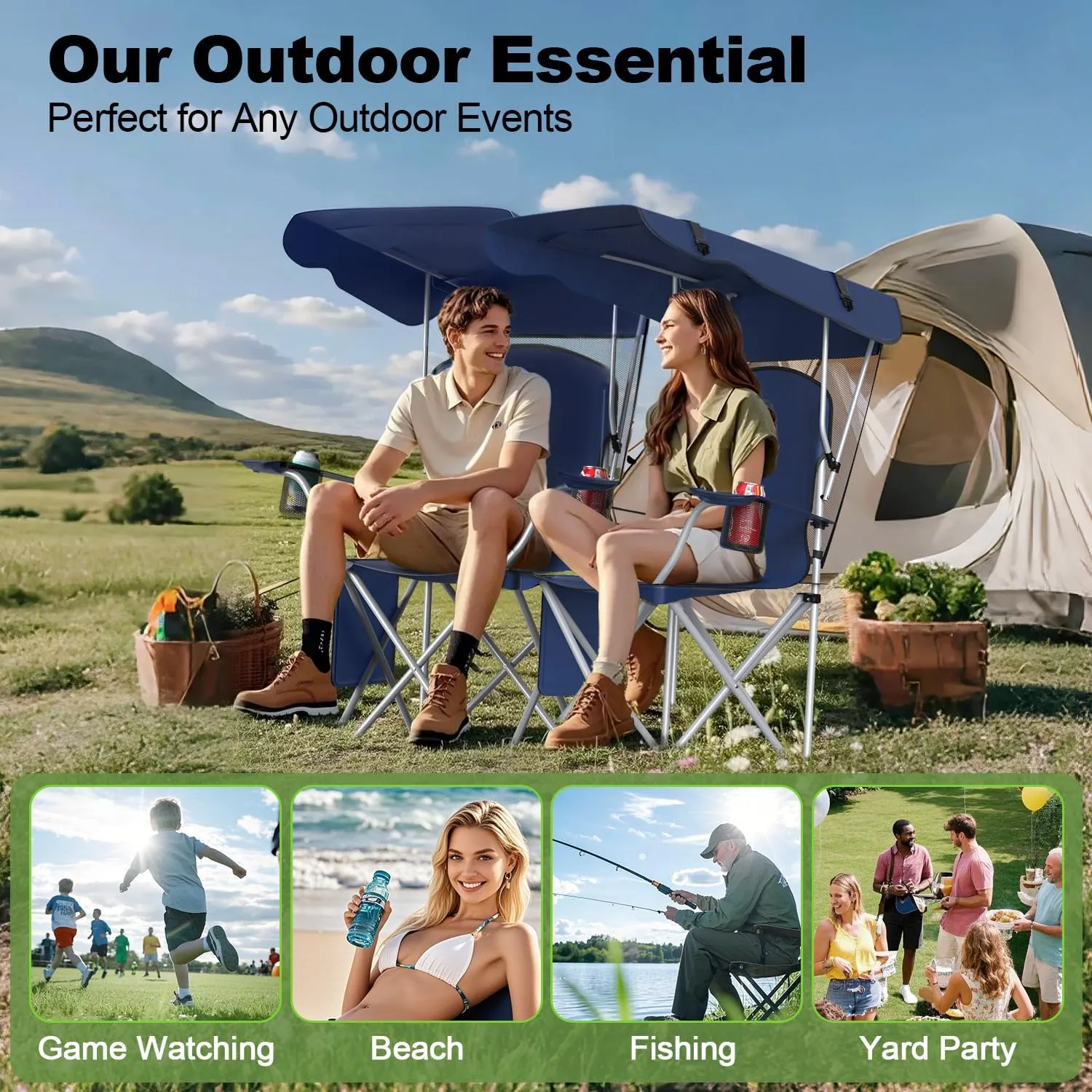 Portable Camping Chair with Canopy - Folding Chair with Canopy, Durable 600D Oxford Canopy Chair for Camping, Beach, Picnics, Fishing & Sports