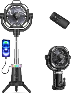 Portable Camping Fan, 20000mAh Rechargeable Fan with Lights, Battery Powered, with Remote &Hook, Height Adjustable, 360° Oscillation, for Outdoor, Tent, Travel, Fishing
