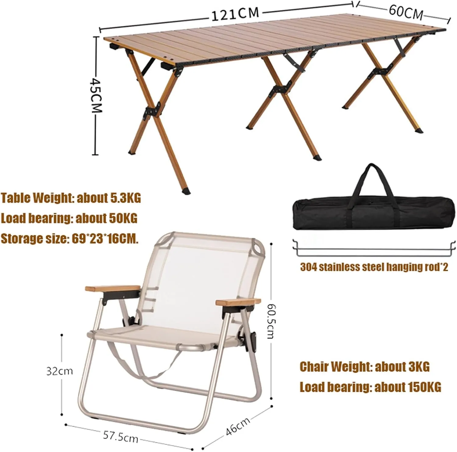 Portable Camping Furniture Set of 5, Folding Table with 4 Chairs, Aluminum Picnic Lawn Foldable Chair Storage Bags, for Beach,Fishing,Hiking,BBQ