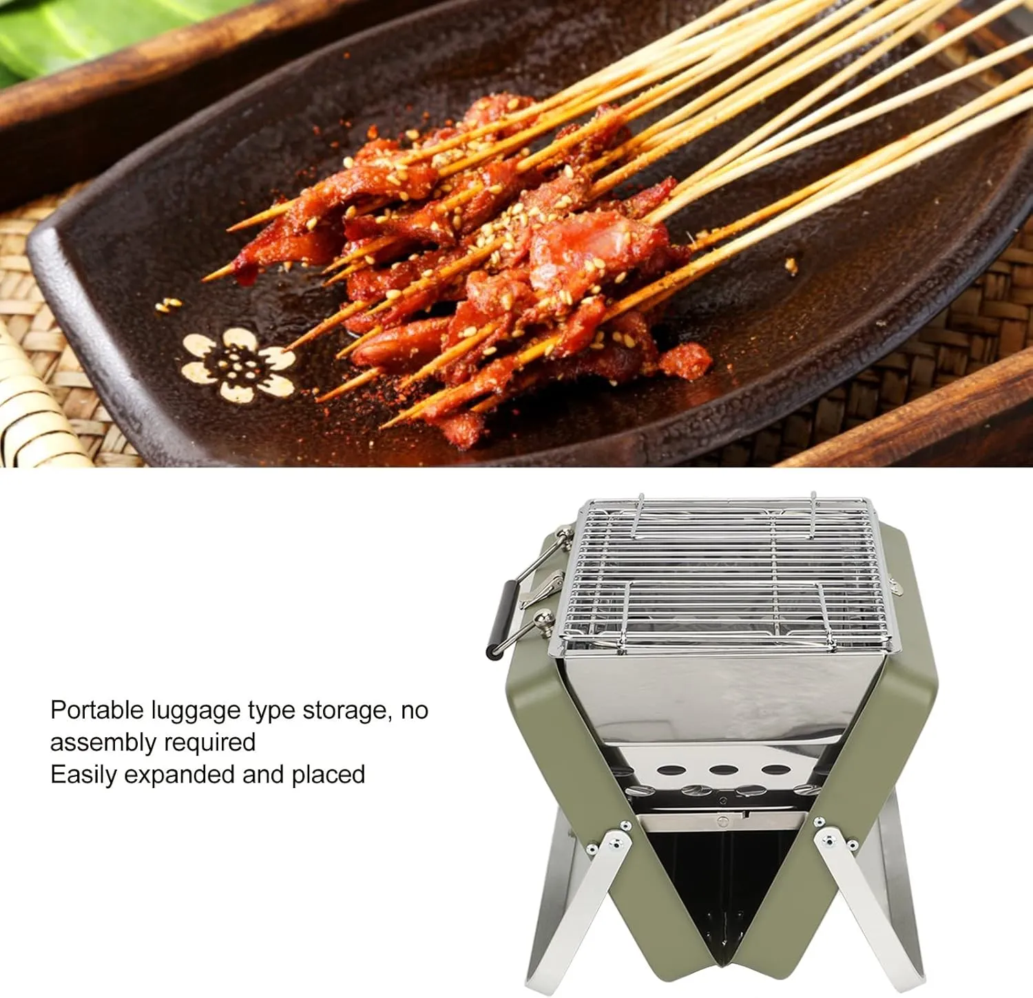 Portable Charcoal BBQ Grill Folding Notebook Grill for Camping Outdoor Cooking Backyard Picnic (Green)