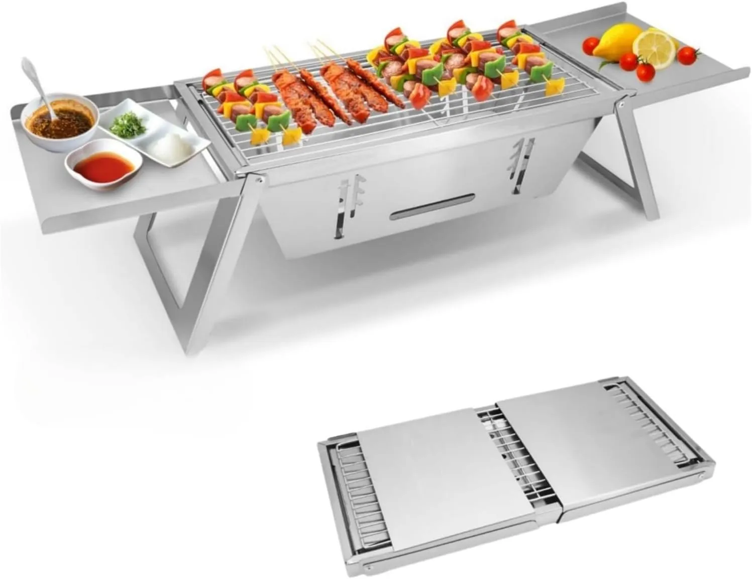 Portable Charcoal BBQ Grill for 2-5 People, Foldable Stainless Steel Grill for Outdoor Cooking, Camping, Picnics, and Backyard Use
