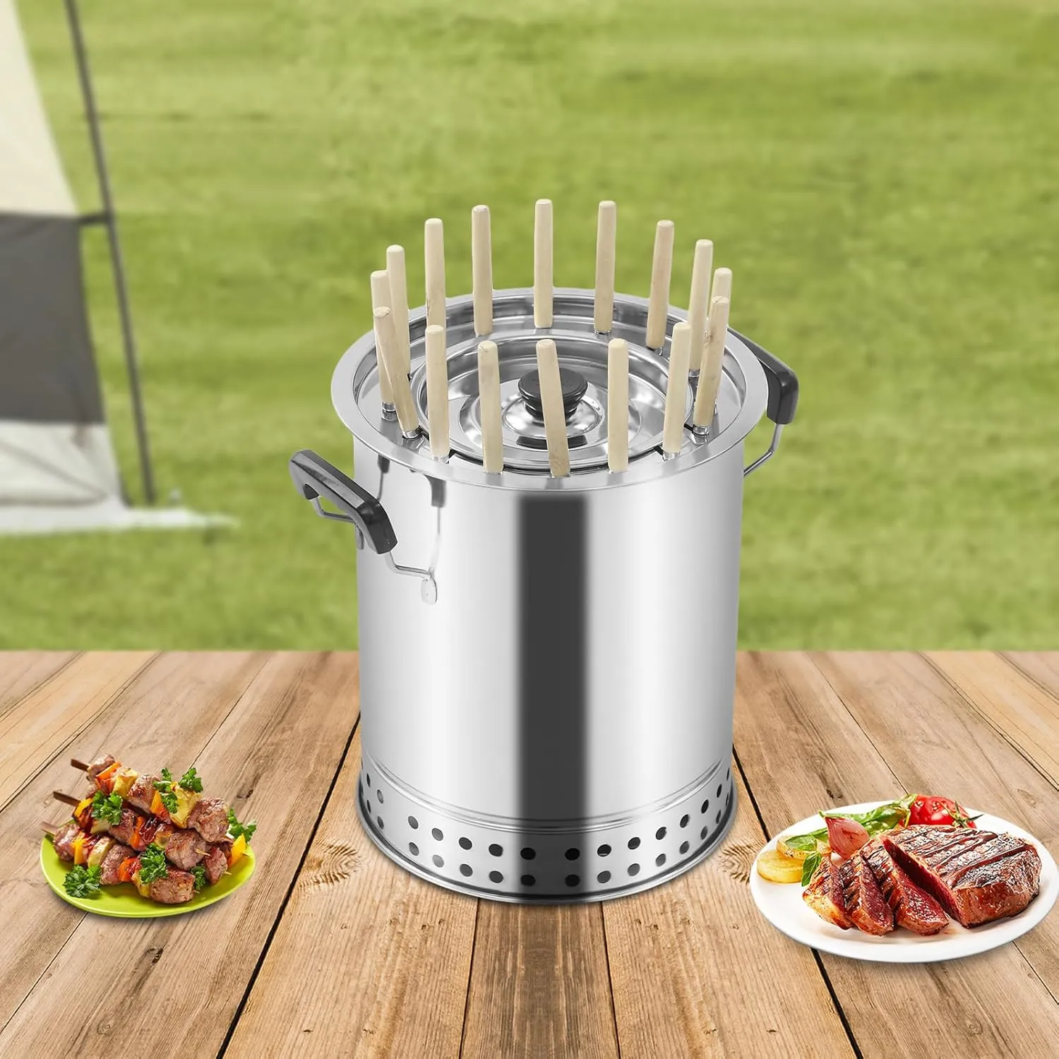 Portable Charcoal Grill Barrel Shape Stainless Steel BBQ Grill with Grilling Accessories for Camping Picnics Parties Beaches (16 Skewers)