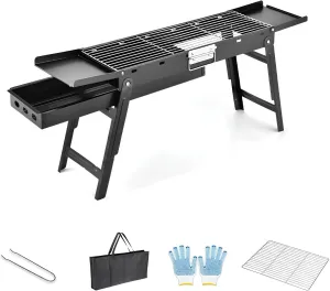 Portable Charcoal Grill BBQ Grill, Barbecue Grill with Pull-Out Charcoal Basin, Outdoor Charcoal BBQ with 2 Folding Side Table - Compact Design for Camping Picnic