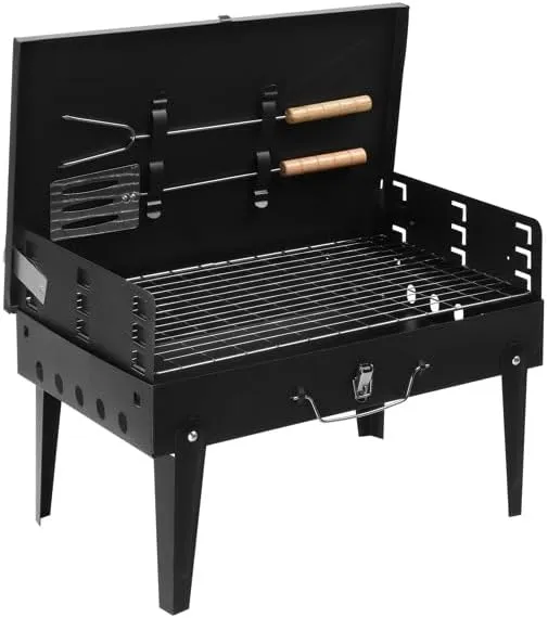 Portable Charcoal Grill, Outdoor Foldable BBQ Grill with Barbecue Accessories & Lid for Cooking Camping Picnic Hiking Beach Party Patio Smokers, Height Adjustable for 3 to 5 People