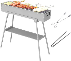 Portable Charcoal Grill, Stainless Steel BBQ Grill with Foldable Stand Adjustable Air Vents, Kebab Skewer BBQ Barbecue Grill Kit for Garden Backyard Party Picnic Travel Outdoor Use (31.6x7.1inch)