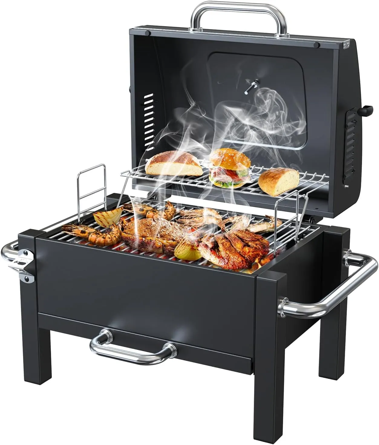 Portable Charcoal Grill, Tabletop Charcoal Grill, Small BBQ Grill with 2-layer Grates and Thermometer(100-800°F), Outdoor Charcoal Smoker for Camping, Picnic, Hiking, Beach and Travel