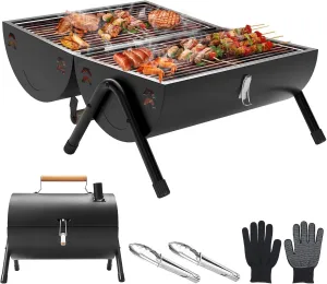 Portable Charcoal Grill with Chimney,Clips,Gloves,Double Sided BBQ Area,Mini Tabletop Barbecue Grill for Outdoor Camping Backyard Party,Easy to Carry and Assembly