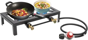 Portable Dual Head Outdoor Gas Stove, 2 Hearth Propane Gas Stove Outdoor Cooker, Portable Camping Stove with Adjustable Regulator Hose for Camping, Barbecuing, Turkey Frying