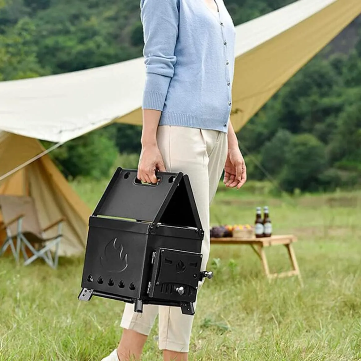 Portable Foldable Wood Burning Stove Camp Tent with Chimney Pipe for Shelter Heating Cooking,Wood Stoves/s/s
