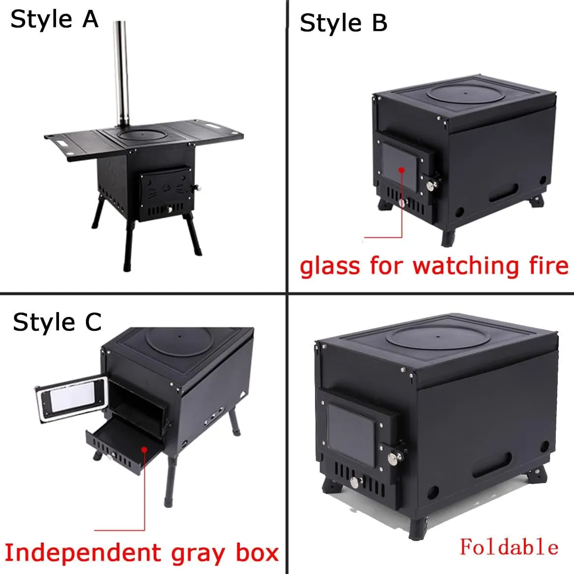 Portable Foldable Wood Burning Stove Camp Tent with Chimney Pipe for Shelter Heating Cooking,Wood Stoves/s/s