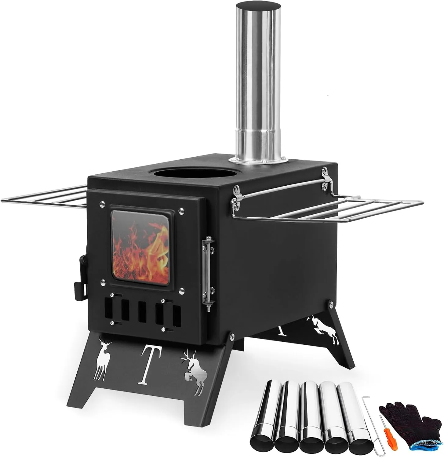 Portable Folding Wood Burning Camping Stove, Hot Tent Stove for Outdoor Heating & Cooking, Ice Fishing, Hunting, Camping Stove Include Pipes Black