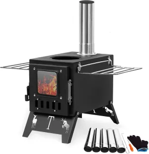 Portable Folding Wood Burning Camping Stove, Hot Tent Stove for Outdoor Heating & Cooking, Ice Fishing, Hunting, Camping Stove Include Pipes Black