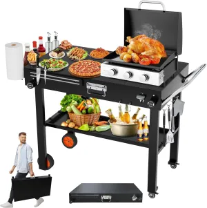 Portable Grill Table, 17" x 22" Outdoor Indoor Foldable Grill Cart, Movable Grill Stand with Wheels for BBQ, Camping, Picnic, Easy Set-up, Black