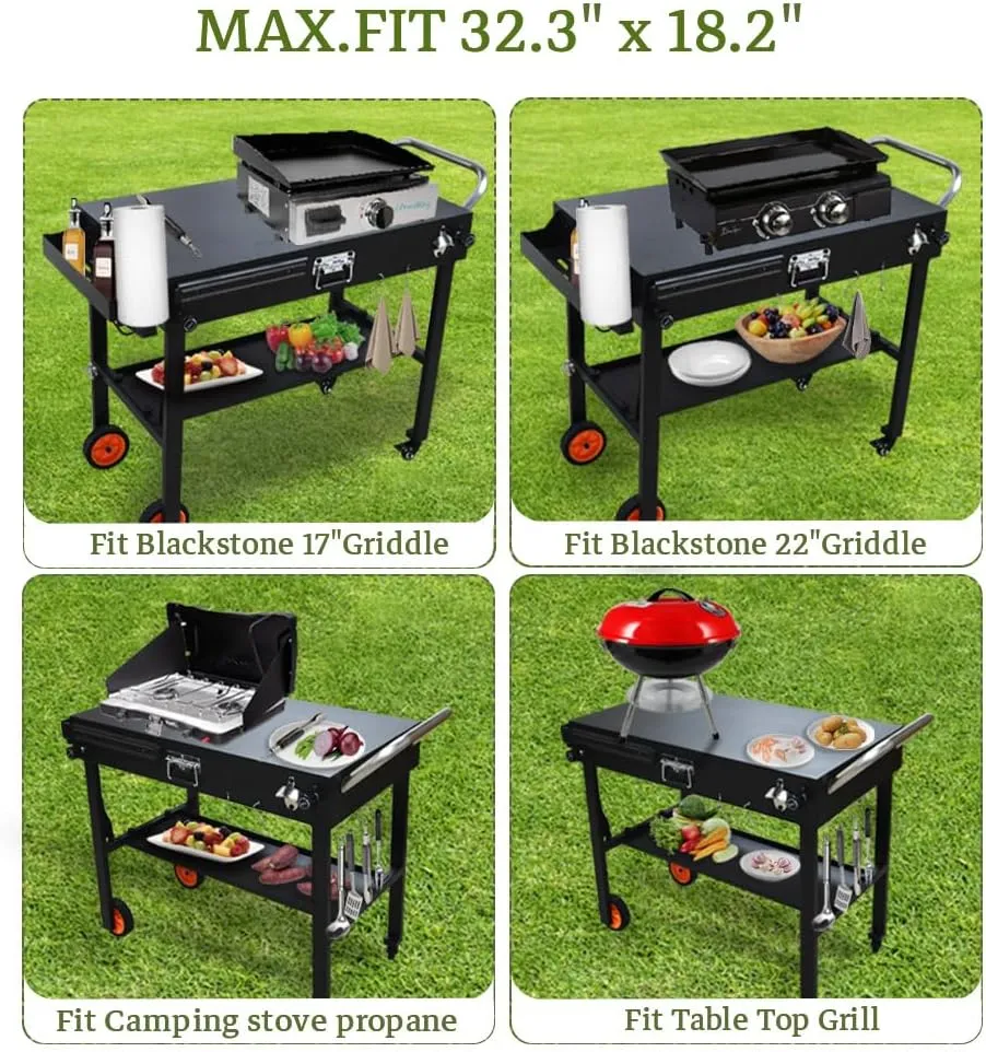 Portable Grill Table, 17" x 22" Outdoor Indoor Foldable Grill Cart, Movable Grill Stand with Wheels for BBQ, Camping, Picnic, Easy Set-up, Black