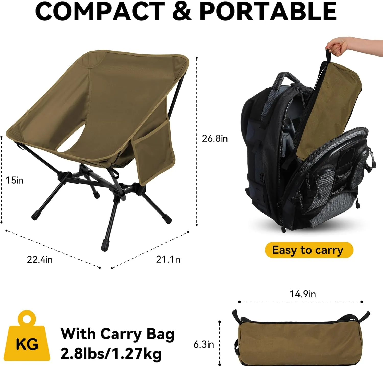 Portable High Back Camping Chair, Support Heavy Duty 440 lbs, Lightweight Folding Chair with Adjustable Pillow for Hiking, Beach, Backpacking