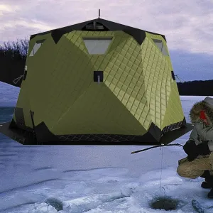 Portable Ice Fishing Tent 420D Insulated Layer Ice Shanty Hexagon Ice Huts Ice Fishing Shelter with Stove Jack and Floor(Dark Green 260X260X170cm)(Color:Dark Green)