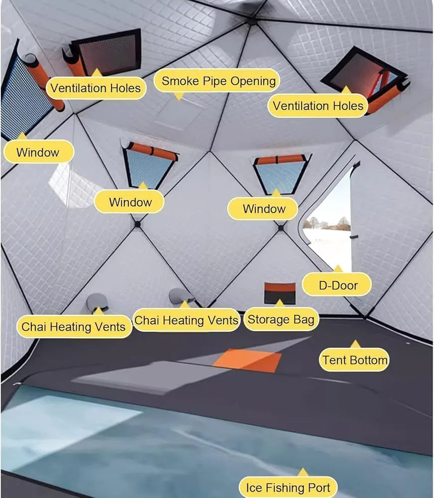 Portable Ice Fishing Tent 420D Insulated Layer Ice Shanty Hexagon Ice Huts,Ice Fishing Shelter with Stove Jack and Floor (Color:Gray)