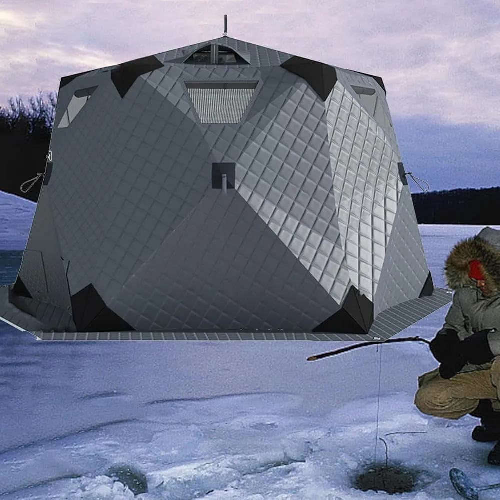 Portable Ice Fishing Tent 420D Insulated Layer Ice Shanty Hexagon Ice Huts,Ice Fishing Shelter with Stove Jack and Floor (Color:Gray)