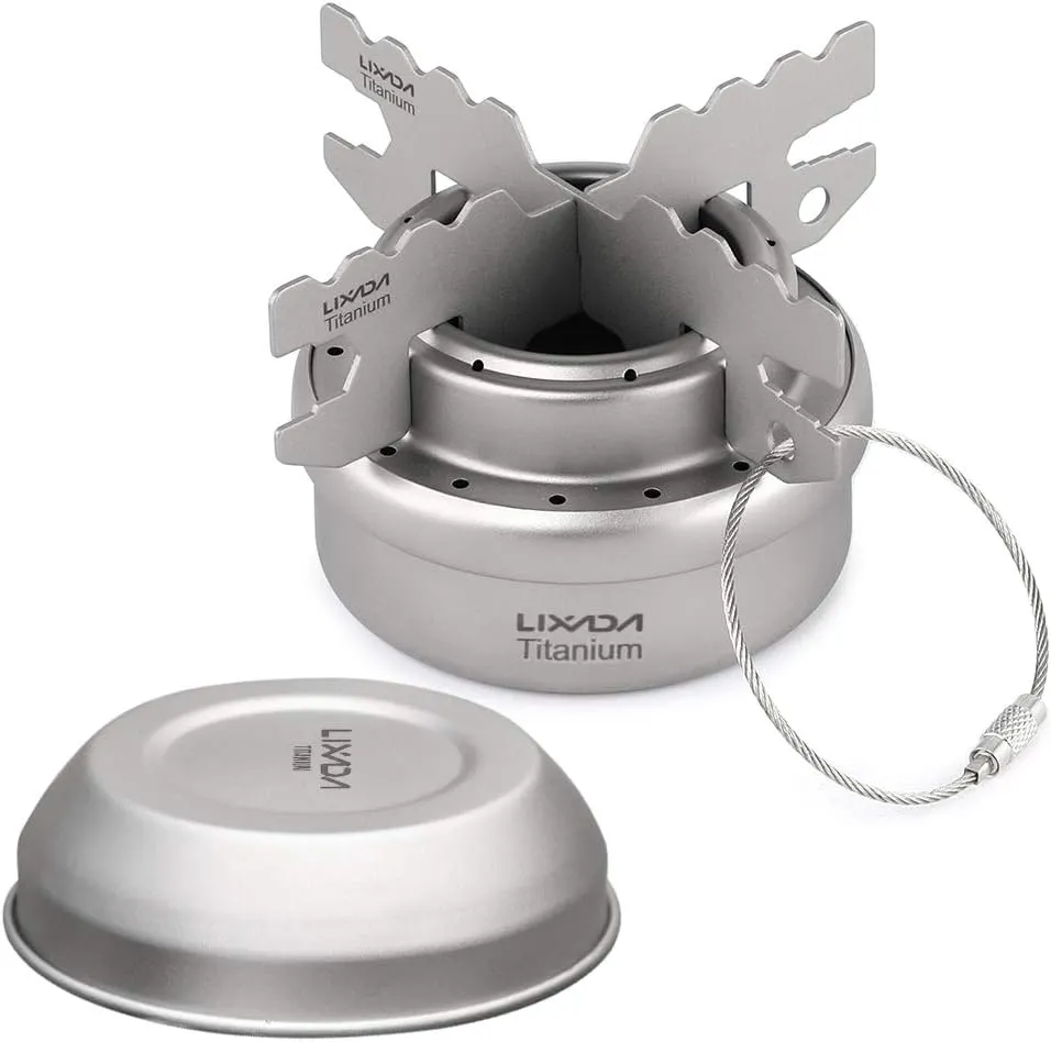 Portable Mini Titanium Alcoho Stove, Portable Mini Titanium Stove with Lid Cross Stove Stand Rack Outdoor Camping Hiking Backpacking Cooking Stove