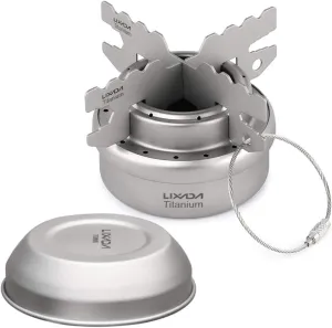 Portable Mini Titanium Alcoho Stove, Portable Mini Titanium Stove with Lid Cross Stove Stand Rack Outdoor Camping Hiking Backpacking Cooking Stove