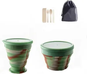 Portable Picnic Set: Folding Silicone Picnic Utensil Set, Travel Folding Cup, Foldable Mixing Bowl, Portable Outdoor Tableware (Camouflage Medium Bowl Cup Two Piece Set)