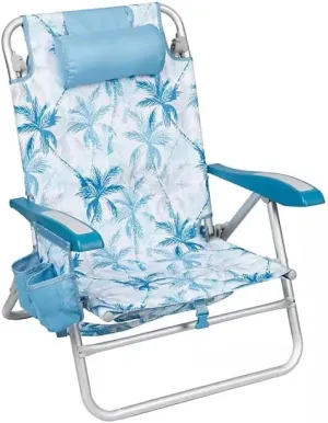 Portable Reclining Beach Chair with Storage, Tropical Palm Print, Aluminum Frame, Backpack Straps (Blue)