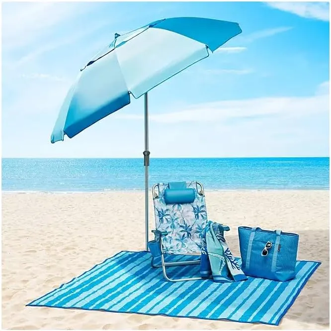 Portable Reclining Beach Chair with Storage, Tropical Palm Print, Aluminum Frame, Backpack Straps (Blue)