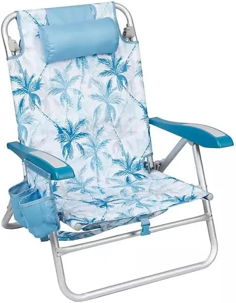 Portable Reclining Beach Chair with Storage, Tropical Palm Print, Aluminum Frame, Backpack Straps (Blue)