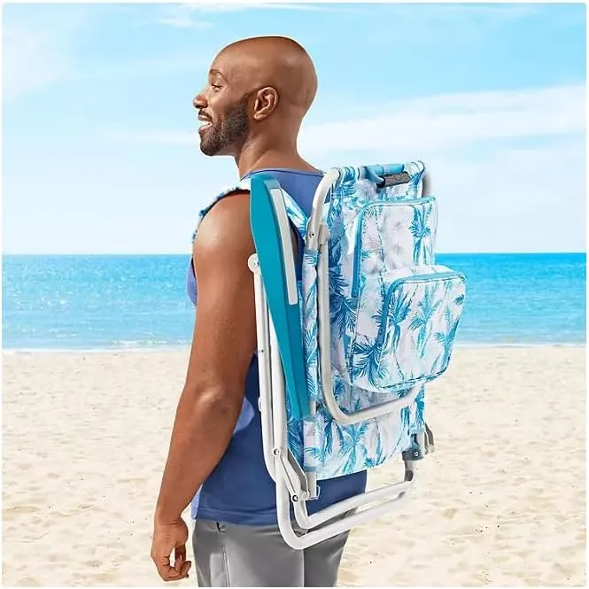 Portable Reclining Beach Chair with Storage, Tropical Palm Print, Aluminum Frame, Backpack Straps (Blue)