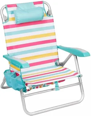 Portable Reclining Beach Chair with Storage, Tropical Palm Print, Aluminum Frame, Backpack Straps (Blue/Yellow)