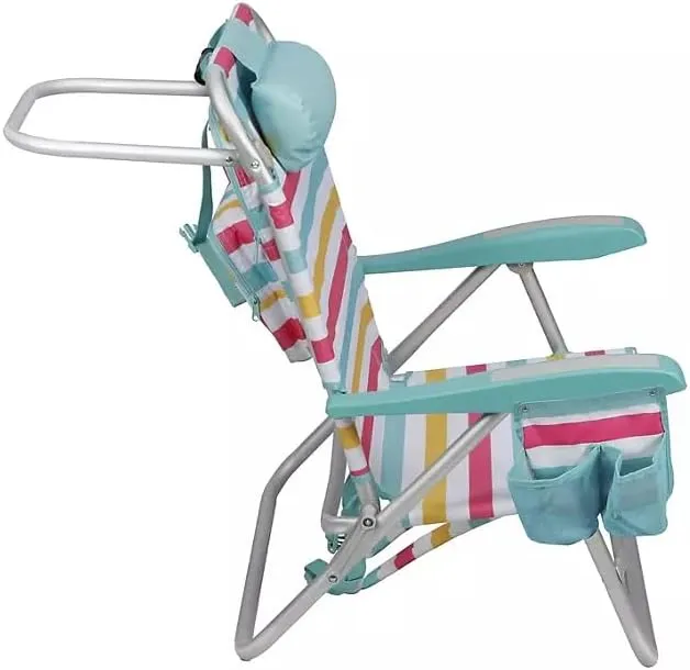 Portable Reclining Beach Chair with Storage, Tropical Palm Print, Aluminum Frame, Backpack Straps (Blue/Yellow)