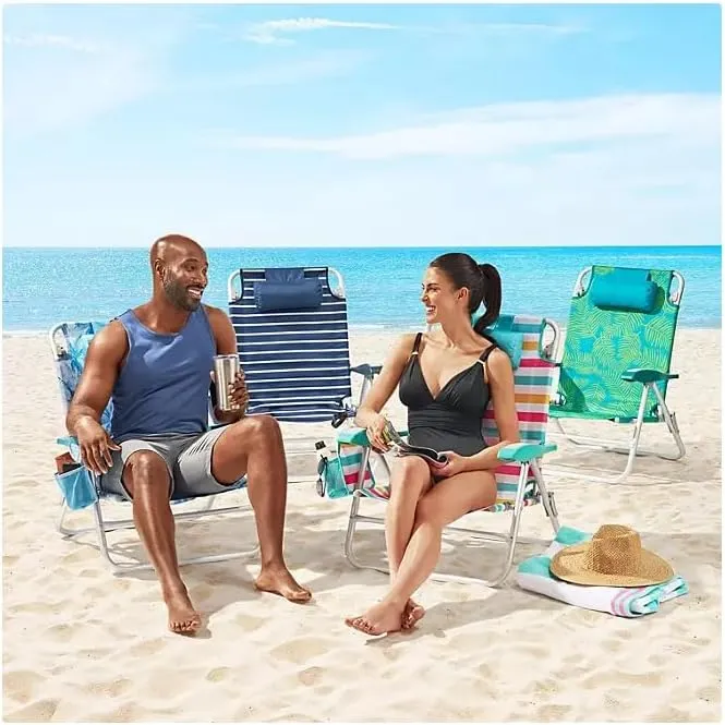 Portable Reclining Beach Chair with Storage, Tropical Palm Print, Aluminum Frame, Backpack Straps (Blue/Yellow)