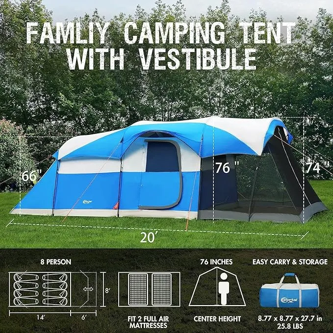 PORTAL 6/8 Person Family Camping Tent with Screen Room, Water Resistant Big Tunnel Tent with Rainfly, Large Family Tent for Outdoor Camping, Party