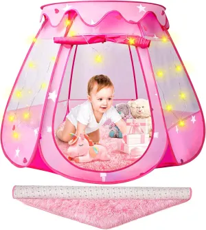 Princess Castle Girls Play Tent with Rug Pop Up Play Tent for Toddlers Kids DISHIO Playhouse Toys for 1 Year Old Birthday Gift Fairy for Girls with Lights Indoor Outdoor Kids with Mat