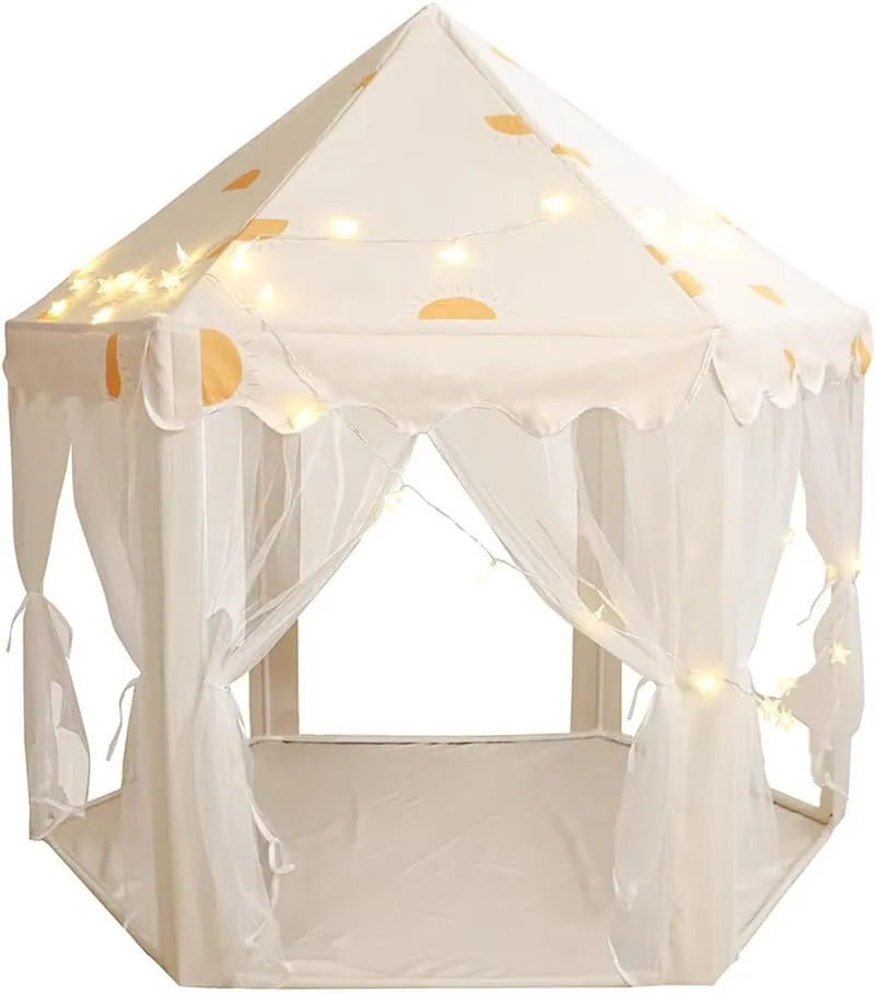 Princess Castle Tent for Girls - Half Sun Pattern Indoor & Outdoor Large Play Tent for Kids Hexagon Playhouse, Princess Castle Gifts Tent (Beige)