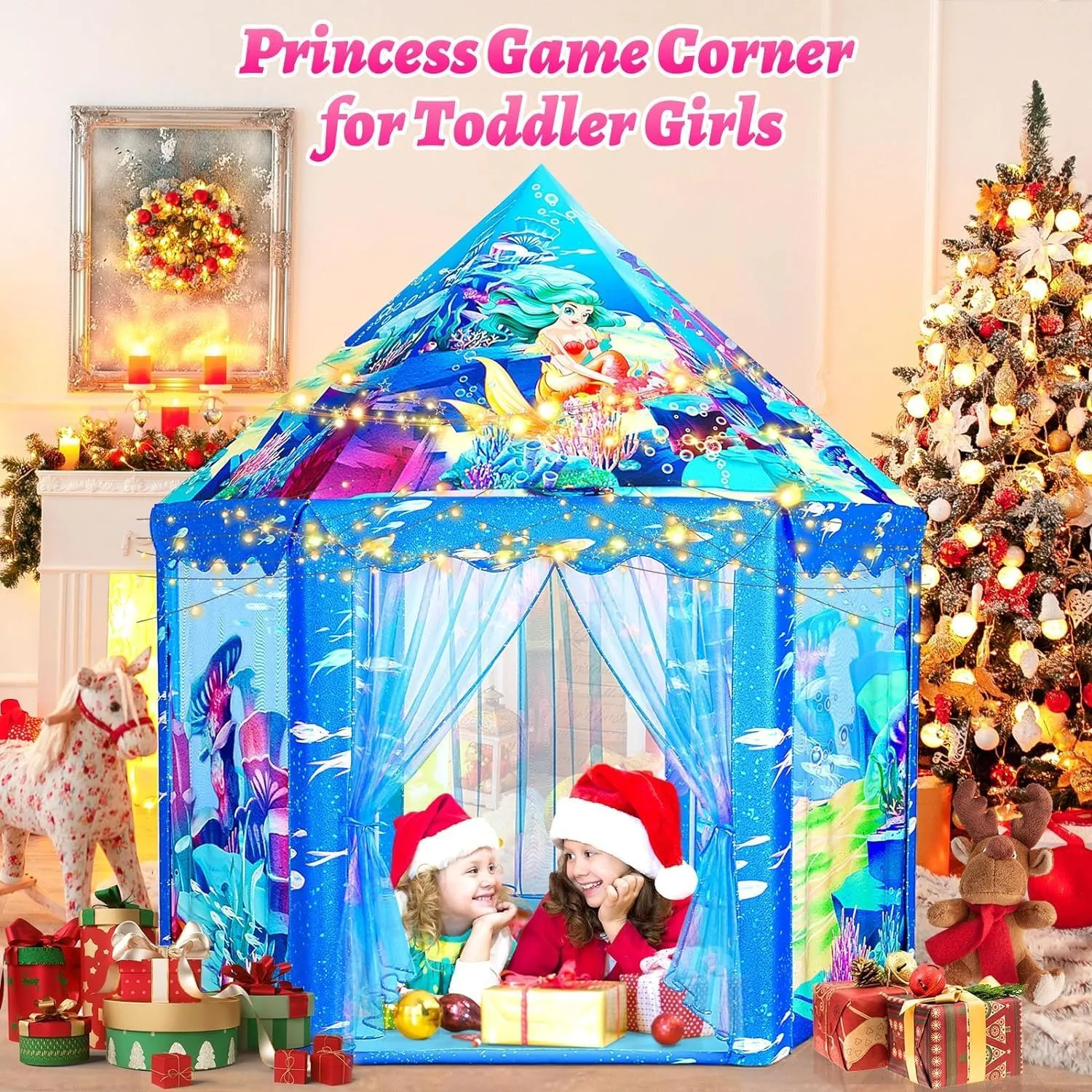 Princess Mermaid Kids Play Tent - Large Playhouse for 3-12 Year Old Girls, Indoor Outdoor Castle Toy for Toddlers, 55'' x 53'' (DxH)