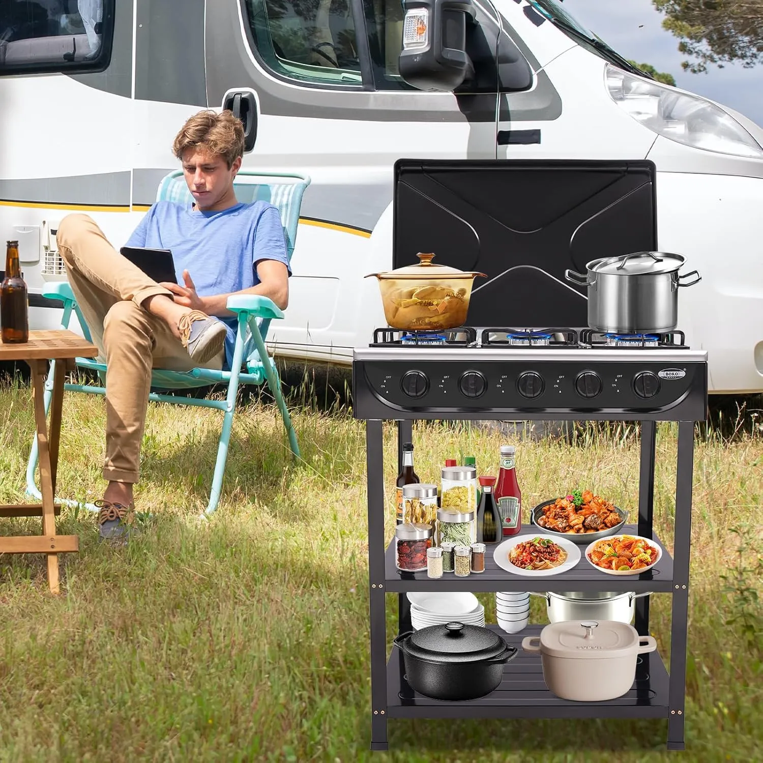 Propane Gas Stove, 5 Burner Portable LNG Camping Grill Stove with 2 Tier Storage Rack and Wind Blocking Cover Adapter Manual Ignition for Outdoor Camping Picnic RV Cooking, No Hose (Black-5 Burner)