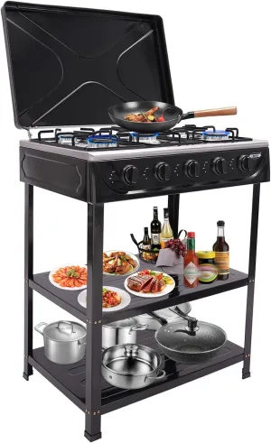 Propane Gas Stove, 5 Burner Portable LNG Camping Grill Stove with 2 Tier Storage Rack and Wind Blocking Cover Adapter Manual Ignition for Outdoor Camping Picnic RV Cooking, No Hose (Black-5 Burner)