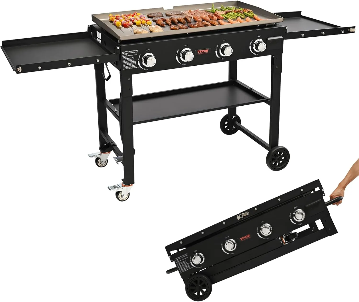 Propane Griddle on Cart, 36" Heavy Duty Manual Flat Top Griddle, Outdoor Cooking Station with Side Shelves, Steel Natural Gas Griddle, 4-Burners Restaurant Portable Grill - 60,000 BTU
