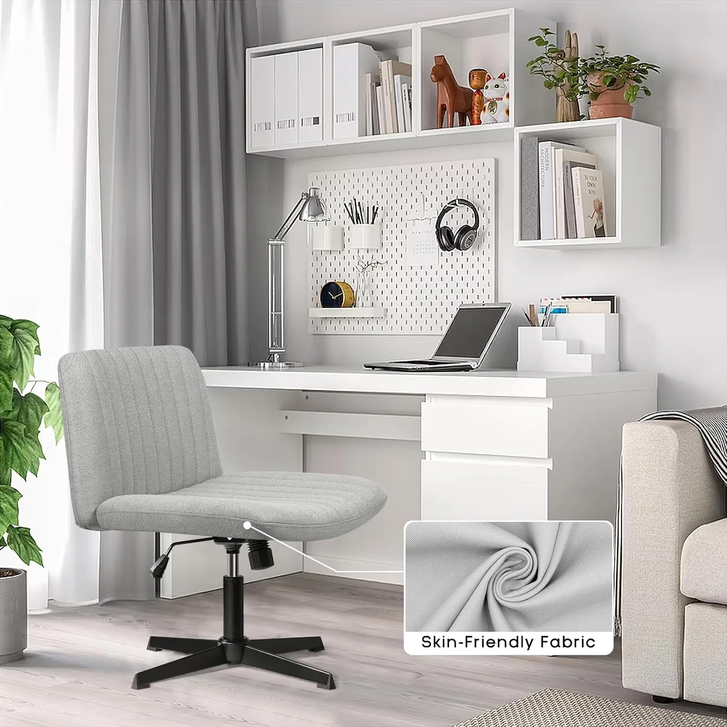 PUKAMI Criss Cross Chair,Armless Cross Legged Office Desk Chair No Wheels,Fabric Padded Modern Swivel Height Adjustable Mid Back Wide Seat Computer Task Vanity Chair for Home Office(Grey)
