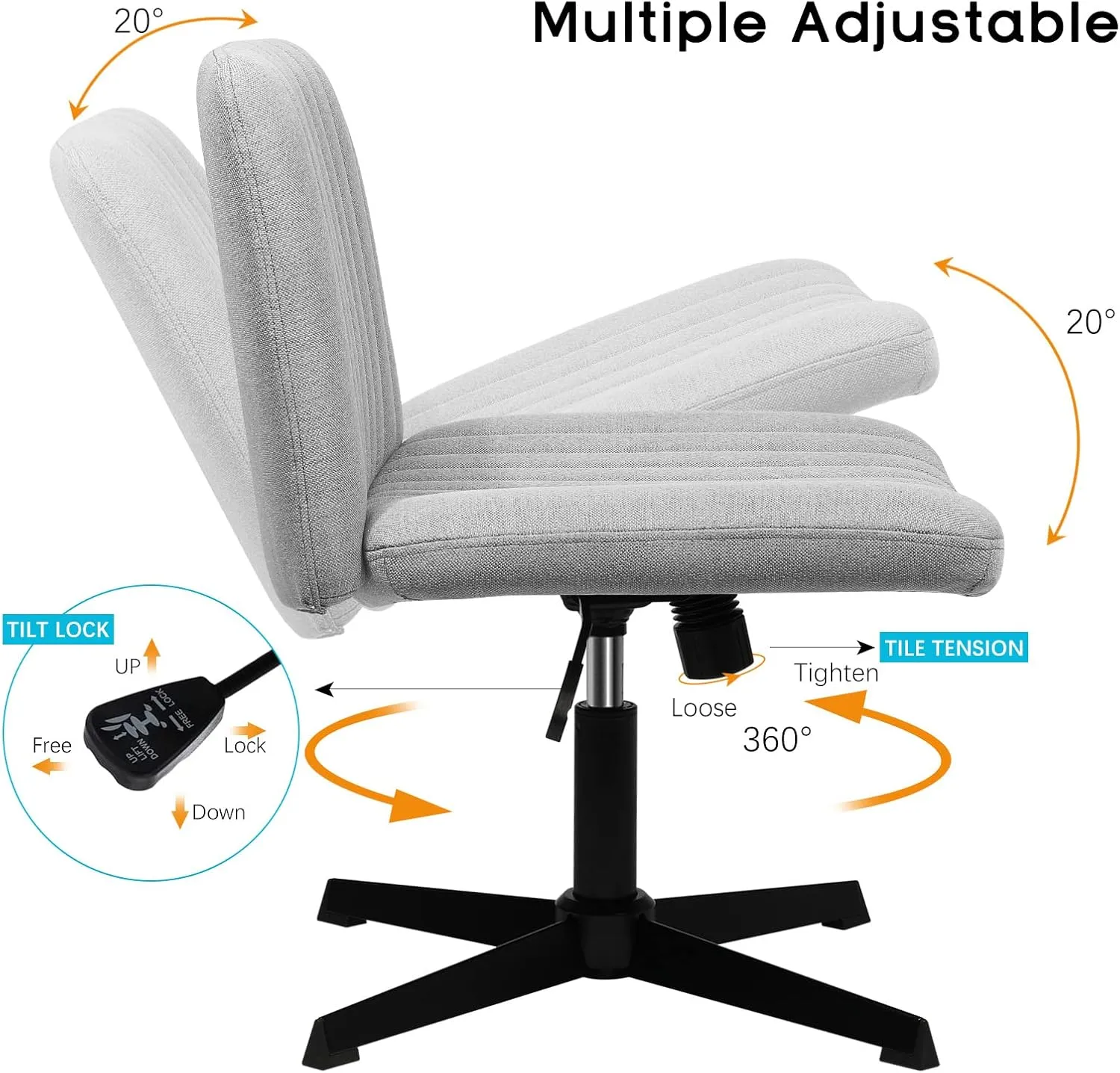PUKAMI Criss Cross Chair,Armless Cross Legged Office Desk Chair No Wheels,Fabric Padded Modern Swivel Height Adjustable Mid Back Wide Seat Computer Task Vanity Chair for Home Office(Grey)