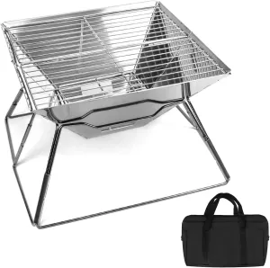 QWORK Portable Stainless Steel Camping Grill, Foldable Wood Burning and Charcoal BBQ, Dual Height Adjustable with Ash Catcher, for Outdoor, Beach, and RV Camping