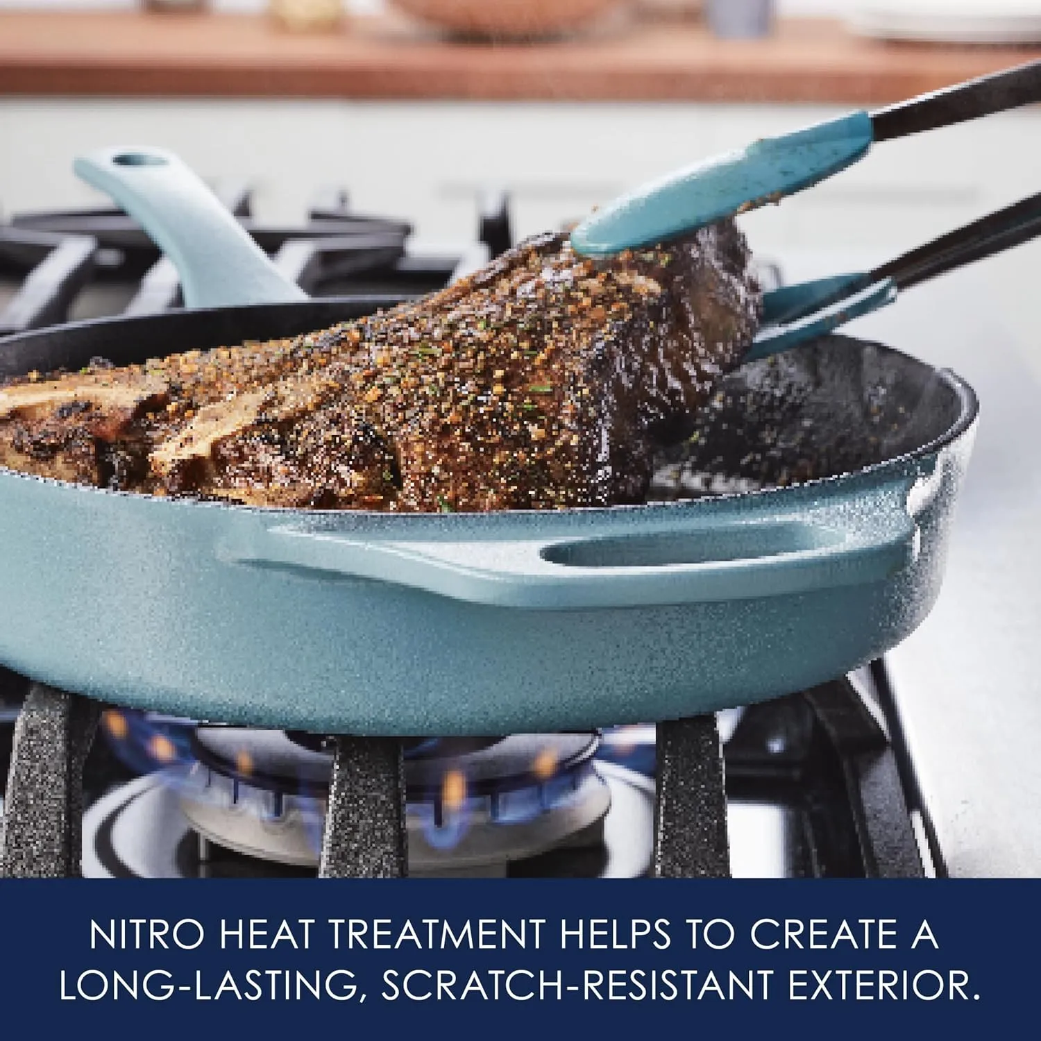 Rachael Ray NITRO Cast Iron Fryin Pan/Skillet with Helper Handle and Pour Spouts, 12 Inch - Agave Blue