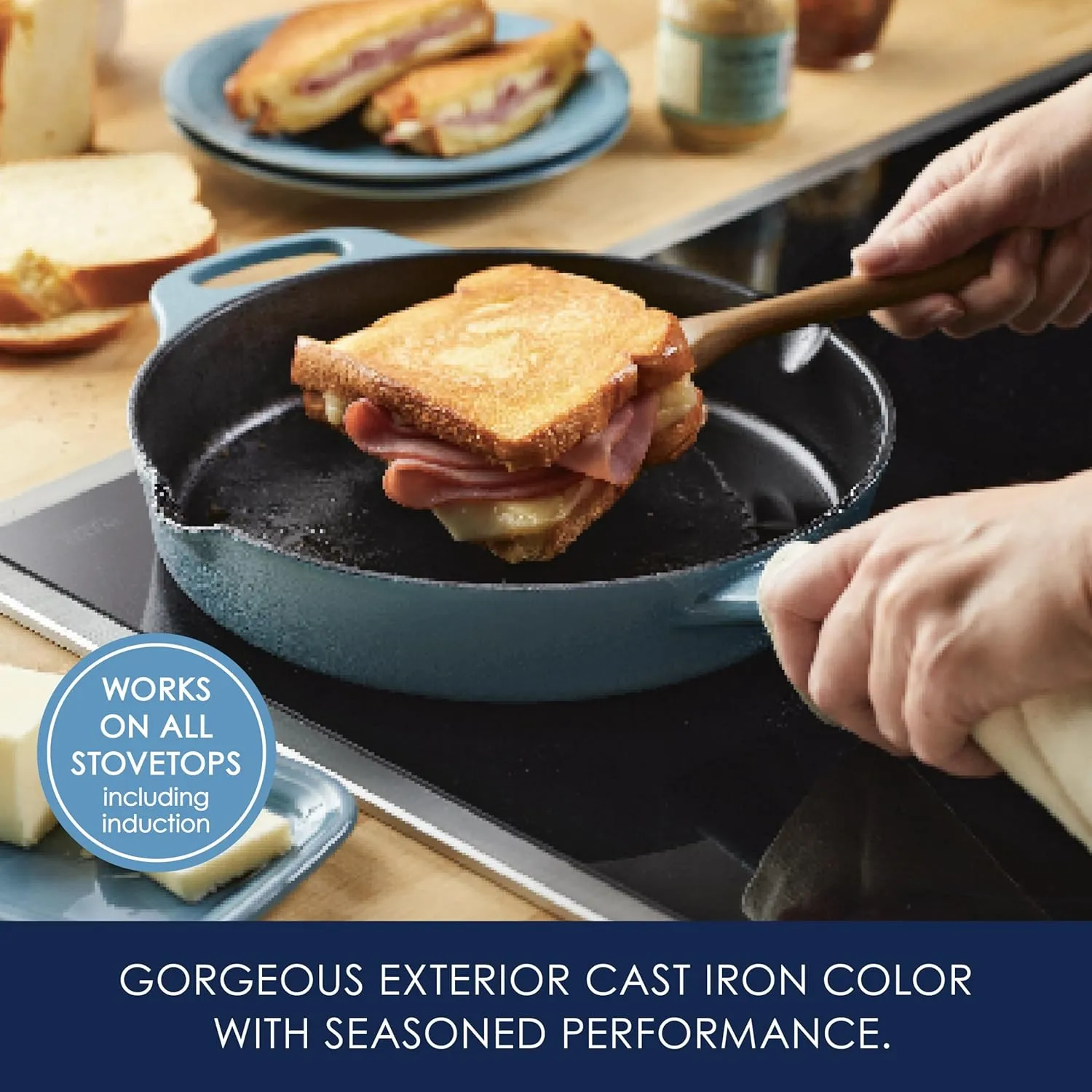 Rachael Ray NITRO Cast Iron Fryin Pan/Skillet with Helper Handle and Pour Spouts, 12 Inch - Agave Blue