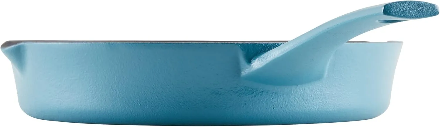 Rachael Ray NITRO Cast Iron Fryin Pan/Skillet with Helper Handle and Pour Spouts, 12 Inch - Agave Blue