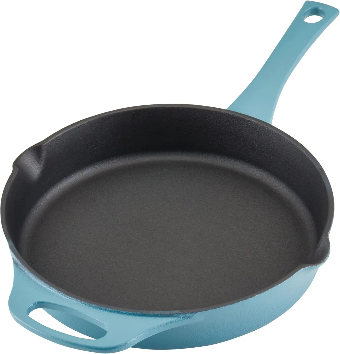 Rachael Ray NITRO Cast Iron Fryin Pan/Skillet with Helper Handle and Pour Spouts, 12 Inch - Agave Blue