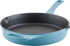 Rachael Ray NITRO Cast Iron Fryin Pan/Skillet with Helper Handle and Pour Spouts, 12 Inch - Agave Blue