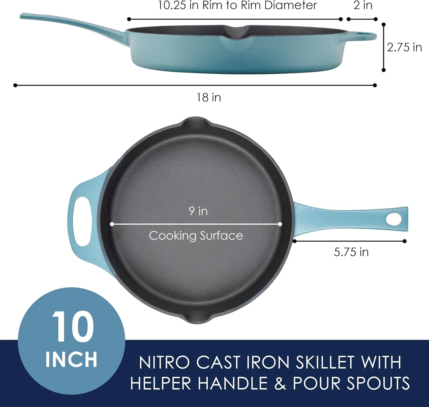 Rachael Ray NITRO Cast Iron Fryin Pan/Skillet with Helper Handle and Pour Spouts, 12 Inch - Agave Blue