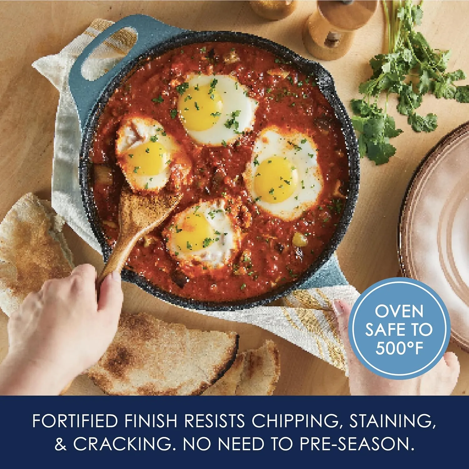 Rachael Ray NITRO Cast Iron Fryin Pan/Skillet with Helper Handle and Pour Spouts, 12 Inch - Agave Blue