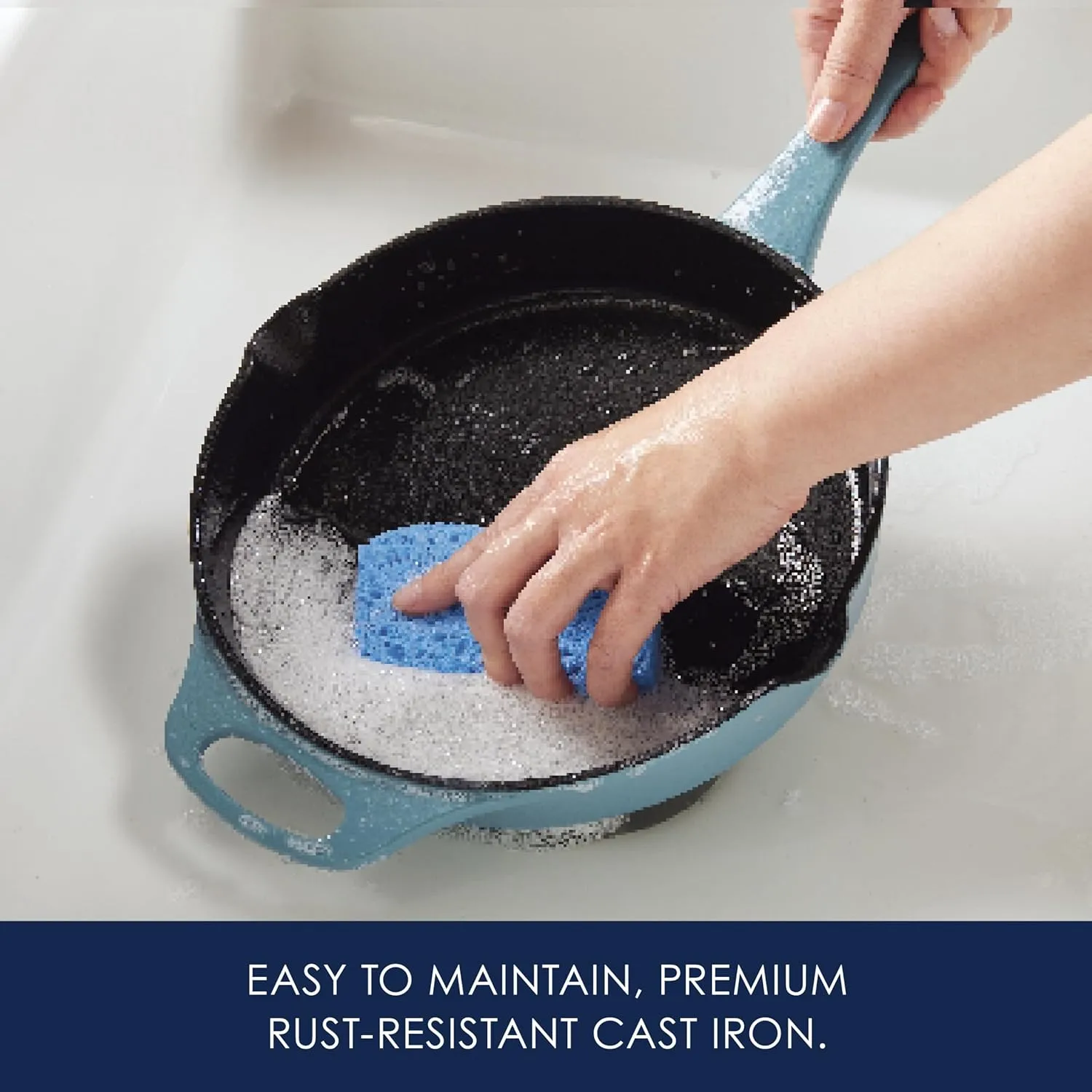 Rachael Ray NITRO Cast Iron Fryin Pan/Skillet with Helper Handle and Pour Spouts, 12 Inch - Agave Blue